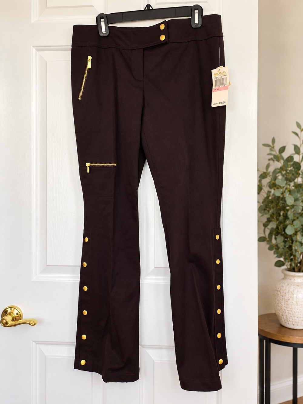Michael Kors Brown Pants w/ Gold Zippers & Buttons Size 10 – NWT